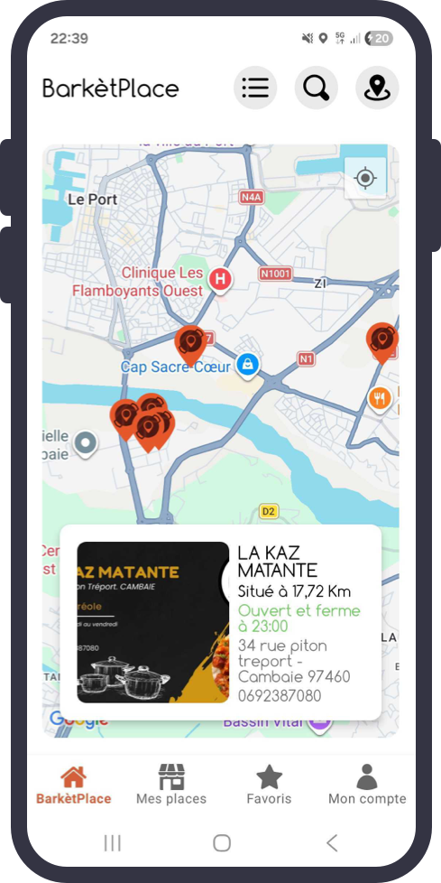 Écran principal — carte géolocalisée des Barkèt
