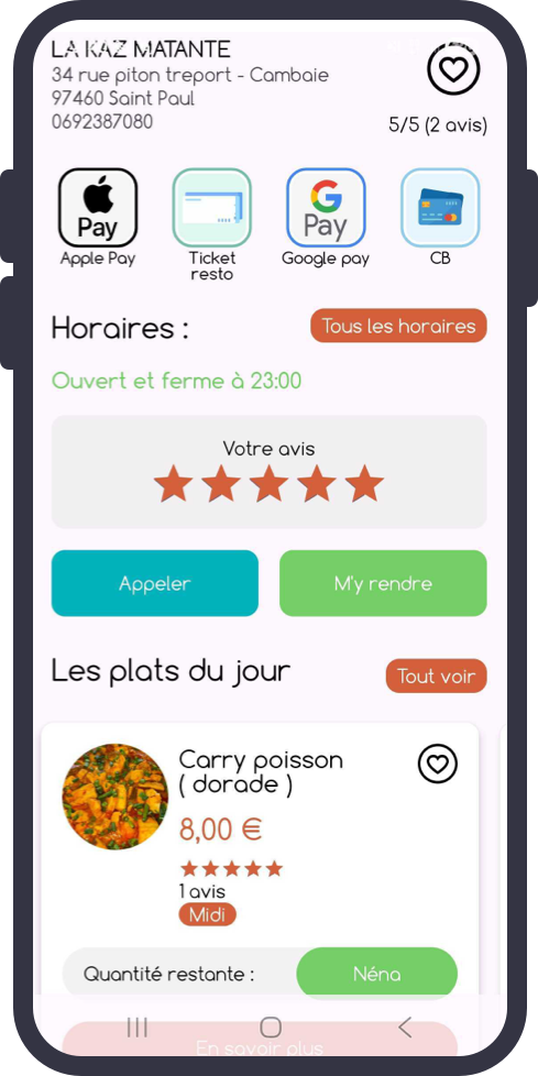 Fiche restaurateur avec horaires, paiements et plats du jour
