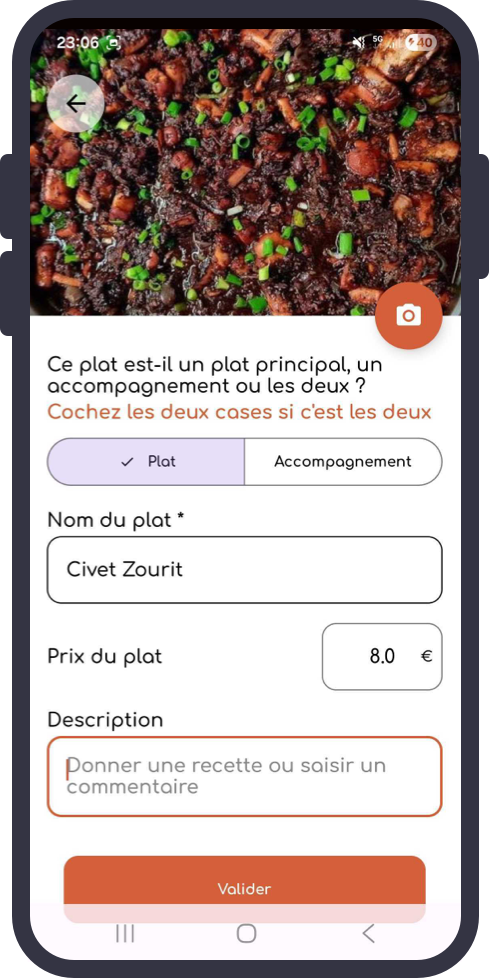 Ajout d'un plat ou accompagnement au menu